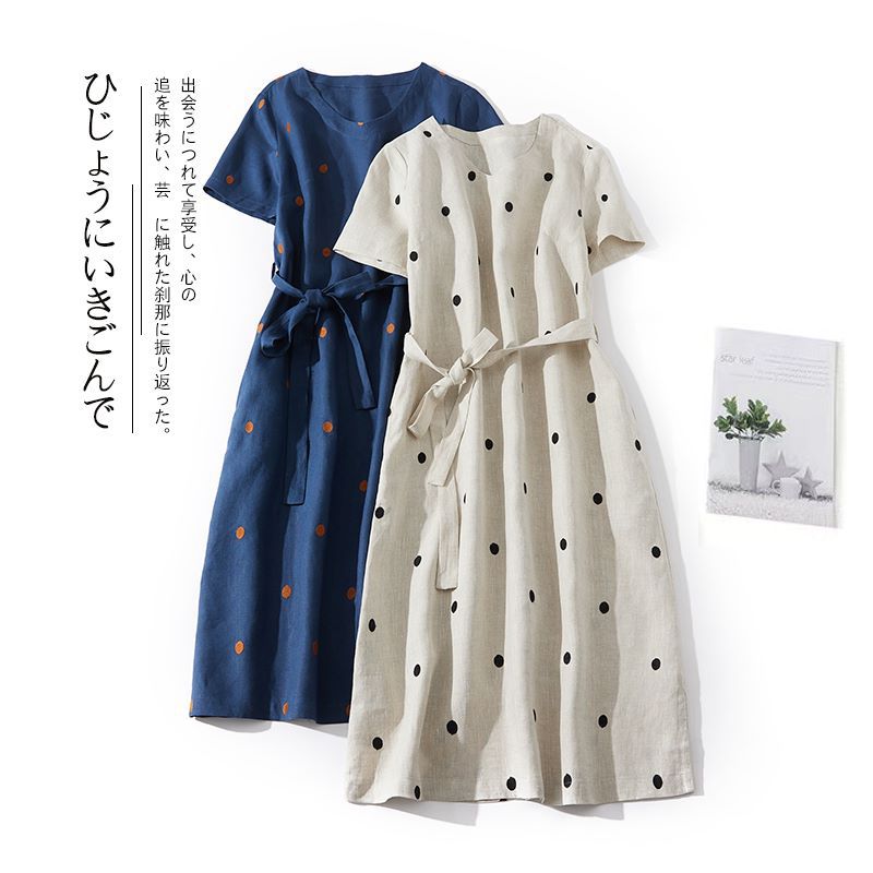 ワンピース 夏 半袖 ロング 膝丈 ミモレ丈 綿麻 リネン コットン 涼しい 蒸れない ドット柄