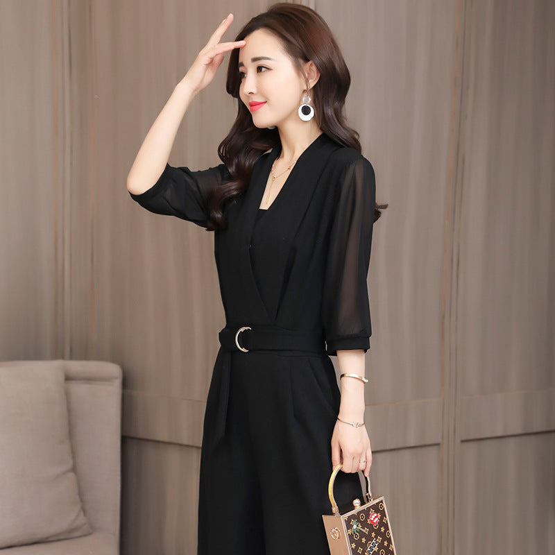 ジャンプスーツ レディース オールインワン 黒 シフォン 七分袖 ハイウエスト ワイドパンツ 着痩せ