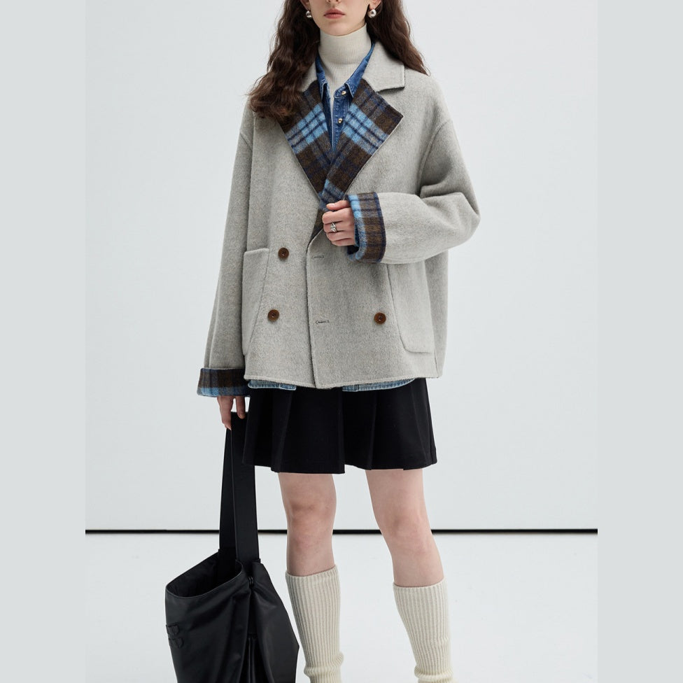 ラシャコート ウール ジャケット 両面着 高級感 コート チェック柄 リバーシブル 立ち襟