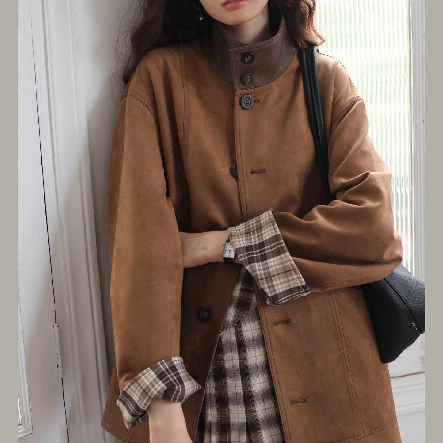 ジャケット 両面着 高級感 コート チェック柄 リバーシブル 立ち襟 皮革風 スエード