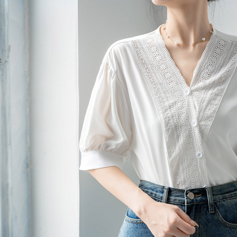 レディース シャツ ブラウス 夏 新作 高見え 上品 デザイン フリル Vネック