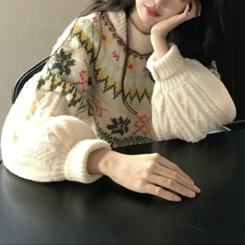 フェアアイル柄ニット ニット リブ タートル レトロ 甘めスタイル 冬新作 女性用 ゆったり シルエット