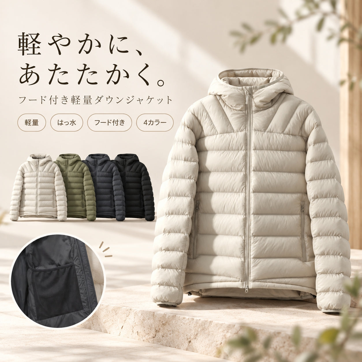 中綿ジャケット メンズ アウター ブルゾン フード付き キルティング 撥水 防風 軽量 保温 防寒 秋冬