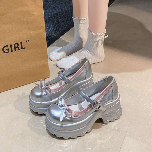 厚底 レディース ローファー シルバー リボン パンプス 8cm ヒール インヒール シューズ