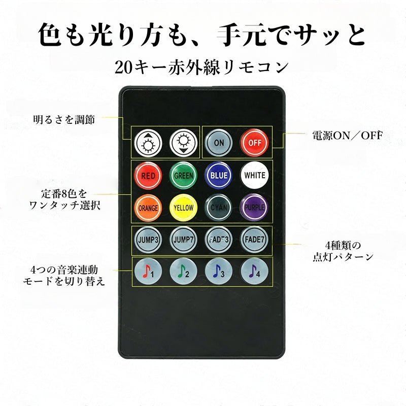 LEDテープライト RGB 5050 USB給電 20キー 赤外線リモコン 音楽連動 マイク内蔵 調光 調色