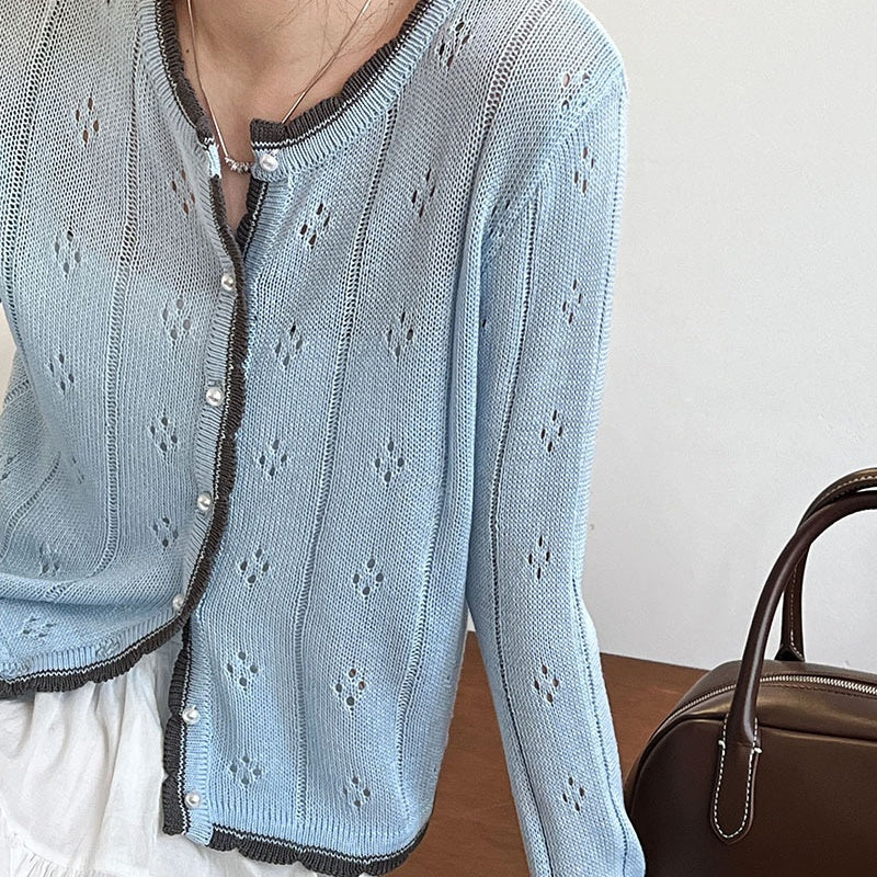 ニットカーディガン メッシュニット 透かし編みゆったりニット 配色ニット トップス