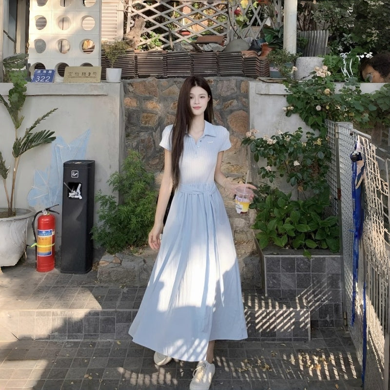 ワンピース レディース 半袖 夏 ポロ襟 襟付き ロング ロング丈 マキシ丈 爽やか ブルー