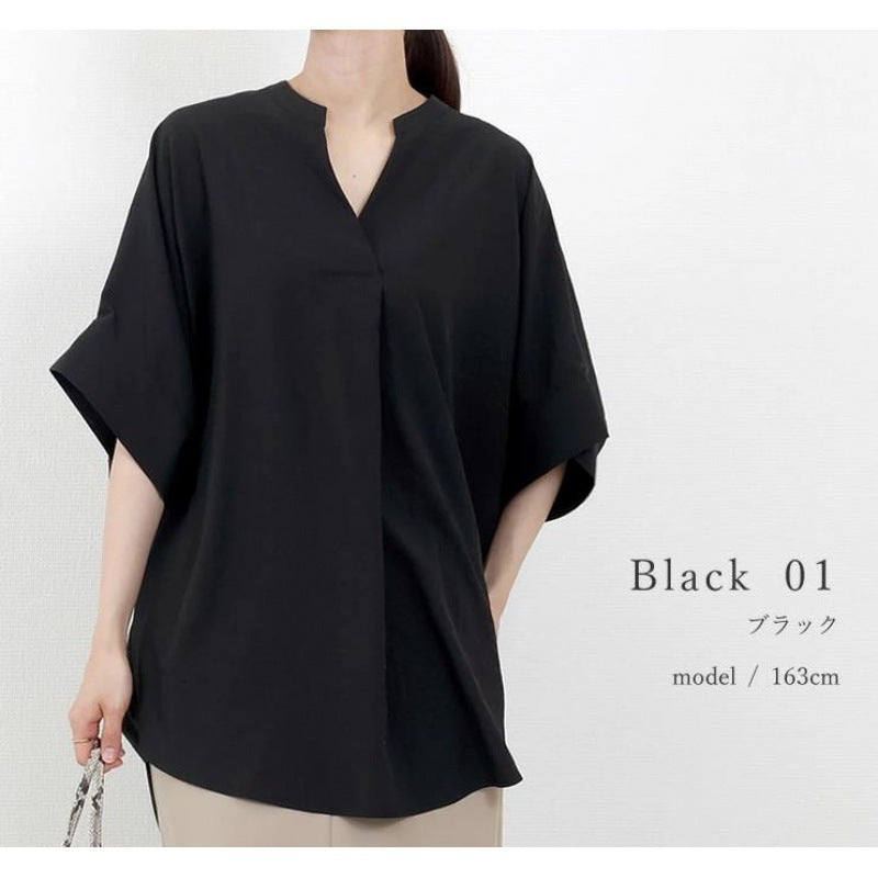 レディース シャツ ブラウス 無地 Vネック プルオーバー ゆったり 体型カバー カジュアル