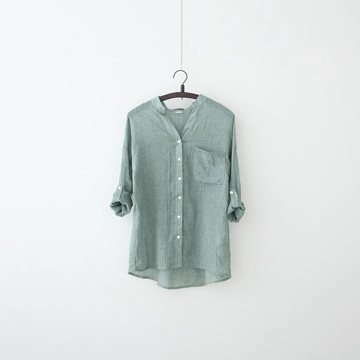 リネンシャツ レディース 薄手 ブラウス 羽織り 綿麻 ナチュラル 立ち襟 七分袖 UV対策