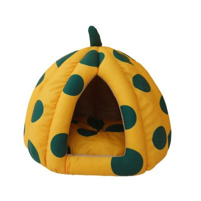 猫ベッド ペットハウス ドーム型 かぼちゃハロウィン飾り 水玉 クッション付き