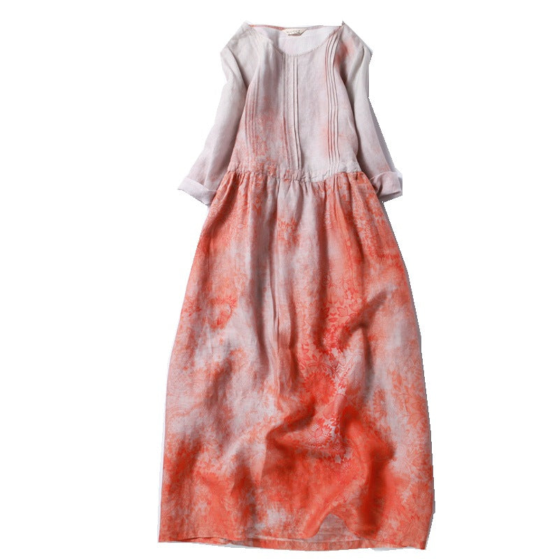 リネンワンピース 麻ワンピース 苧麻ワンピース 花柄ワンピース 七分袖