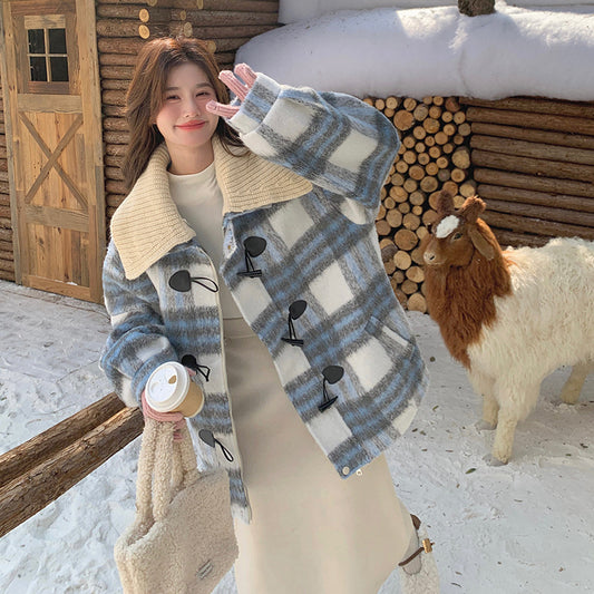 ブルーチェック柄ウールコート ミディアムコート コート アウター ジャケット レディース