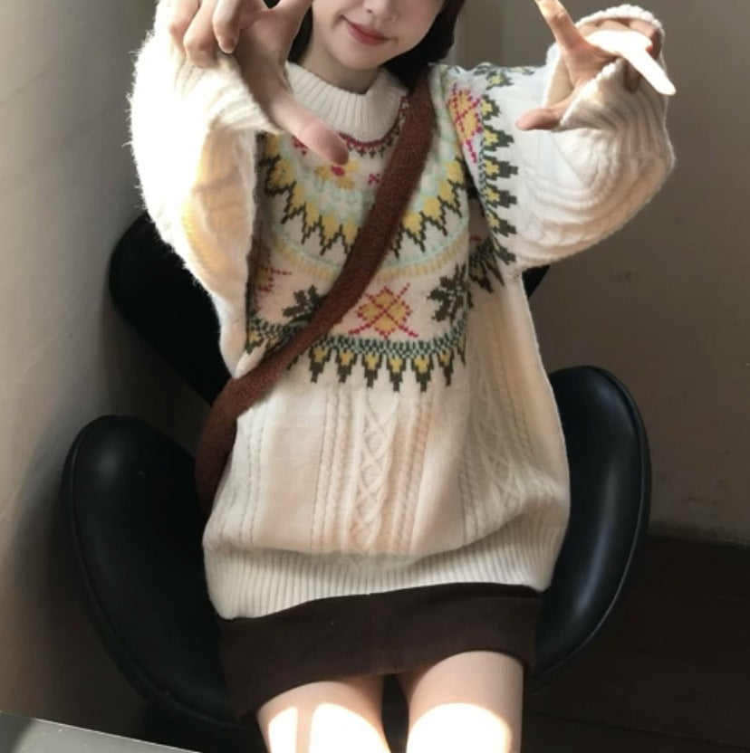 フェアアイル柄ニット ニット リブ タートル レトロ 甘めスタイル 冬新作 女性用 ゆったり シルエット