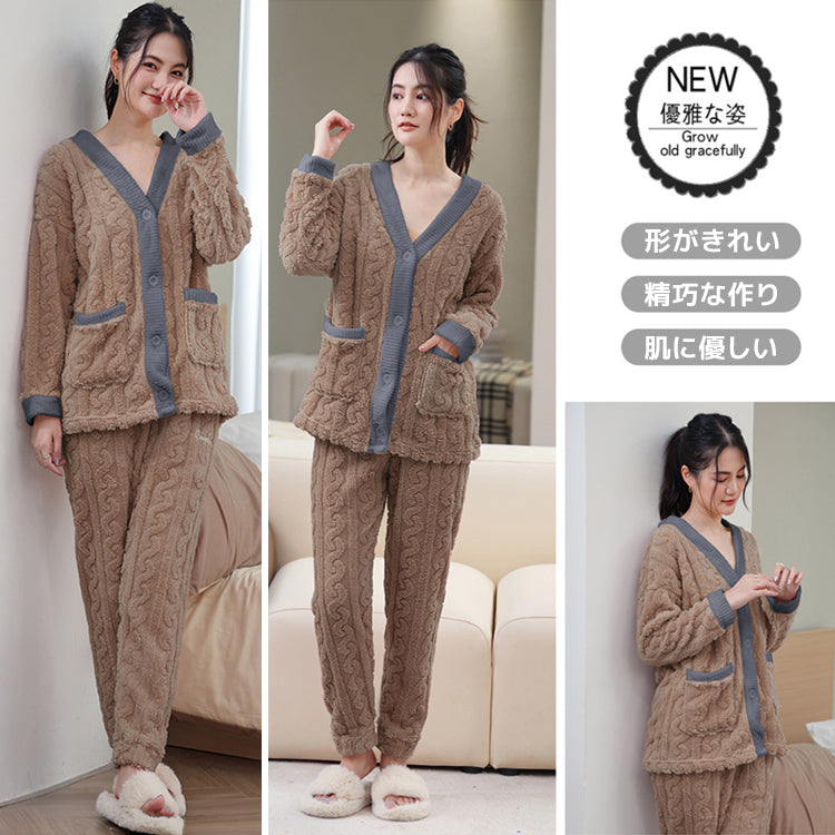 ルームウェア 長袖 上下セット ゆったり もこもこ レディース 冬用無地 パジャマ