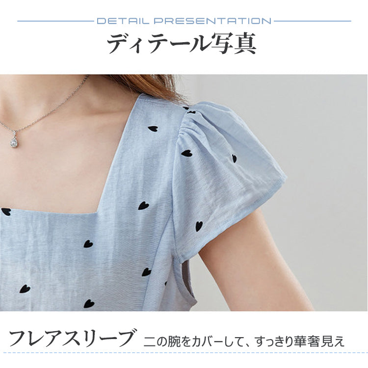 レディースブラウス 半袖 方領 スクエアネック ウエストマーク シャーリング
