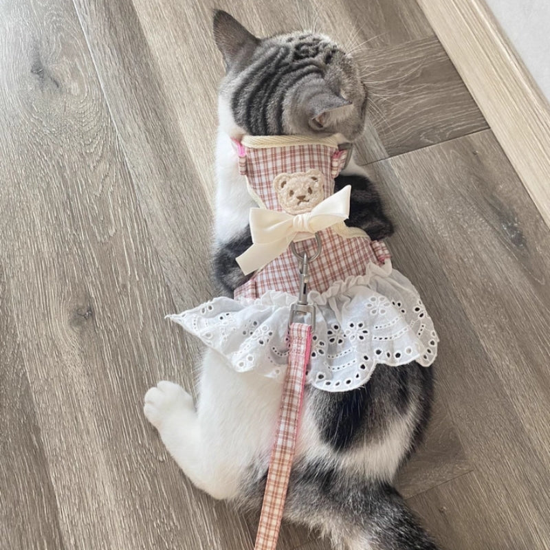 猫 ハーネス リード 2点セット 猫用ハーネス 猫用胴輪 猫用品 簡単装着 サイズ調節可能 ダブルロック