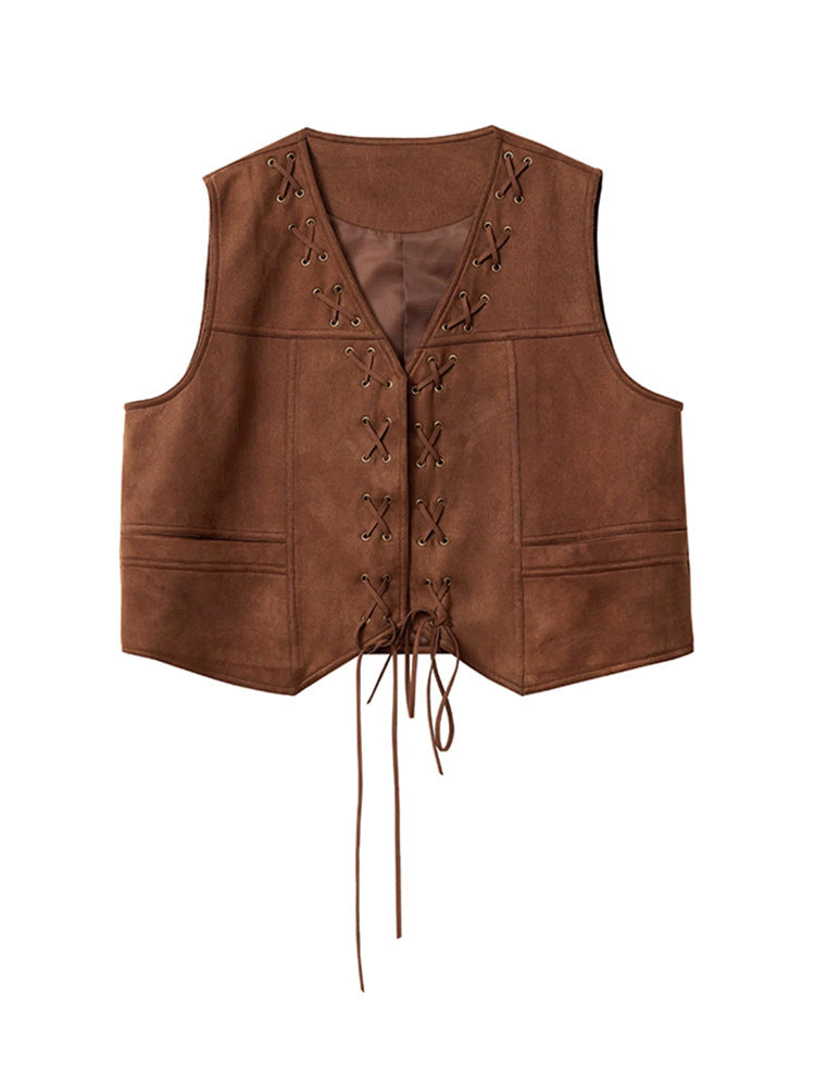 レディース ベスト ジレ スエード風 美ラードカラー キャメルブラウン アウター