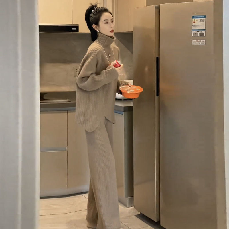 ニット2点セット パンツスーツ レディース  ハイネック ロング ストレッチあり ロング 厚い