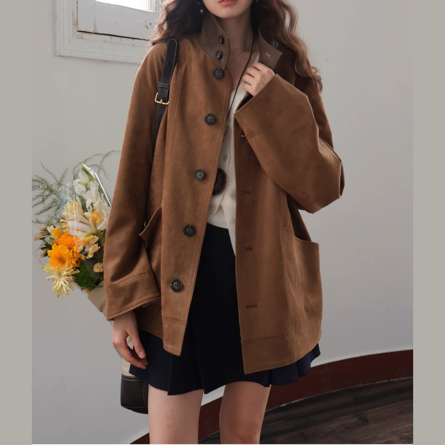 ジャケット 両面着 高級感 コート チェック柄 リバーシブル 立ち襟 皮革風 スエード