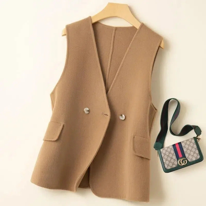 ジレ ベスト ウール レディース ウエストマーク ロングベスト ノーカラー レイヤードコーデ