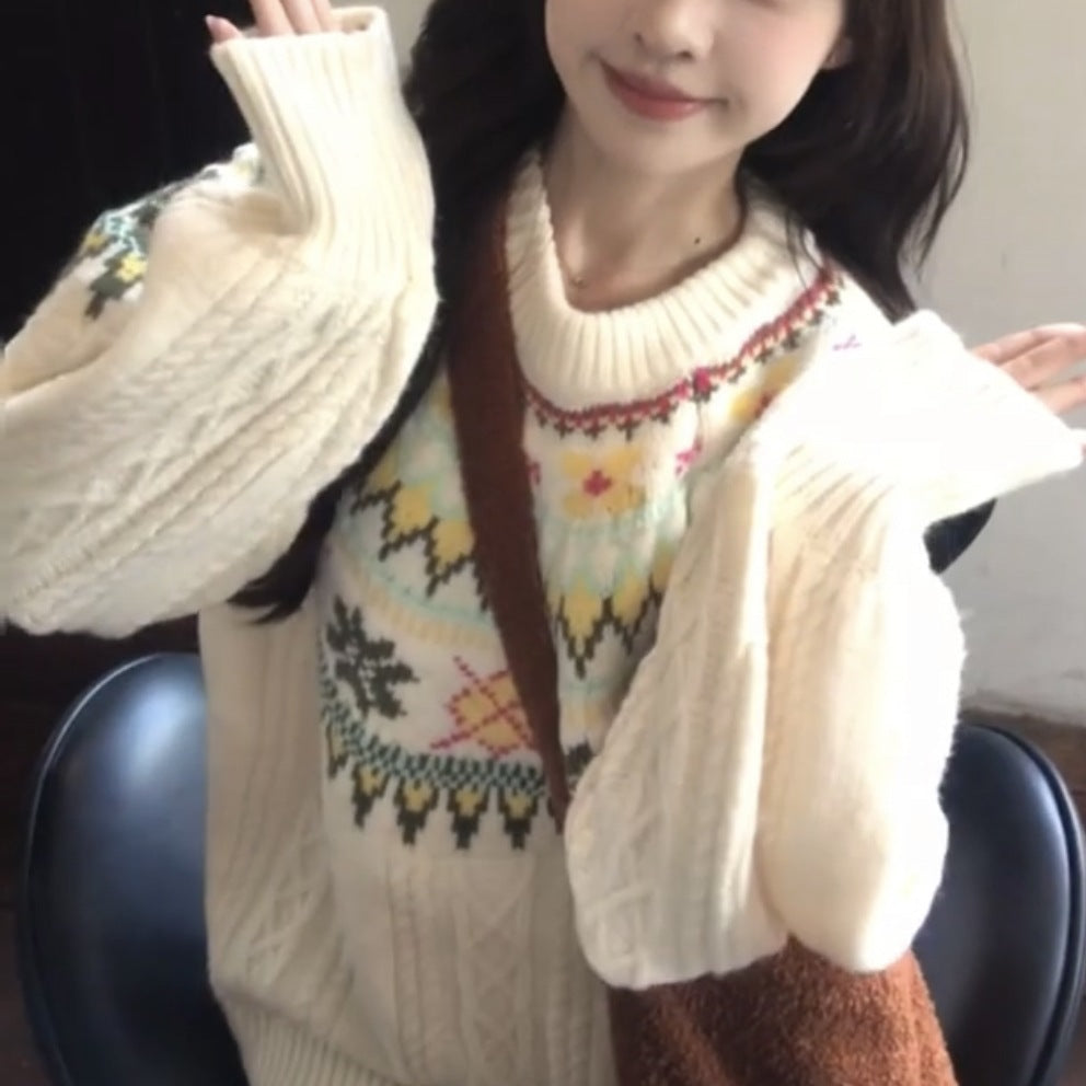 フェアアイル柄ニット ニット リブ タートル レトロ 甘めスタイル 冬新作 女性用 ゆったり シルエット