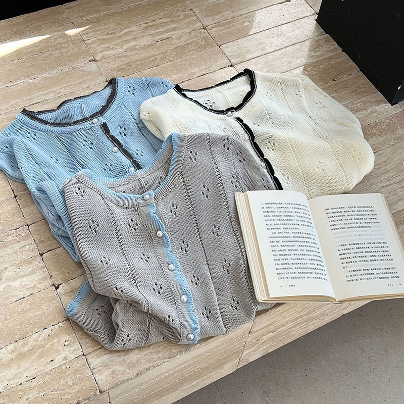 ニットカーディガン メッシュニット 透かし編みゆったりニット 配色ニット トップス