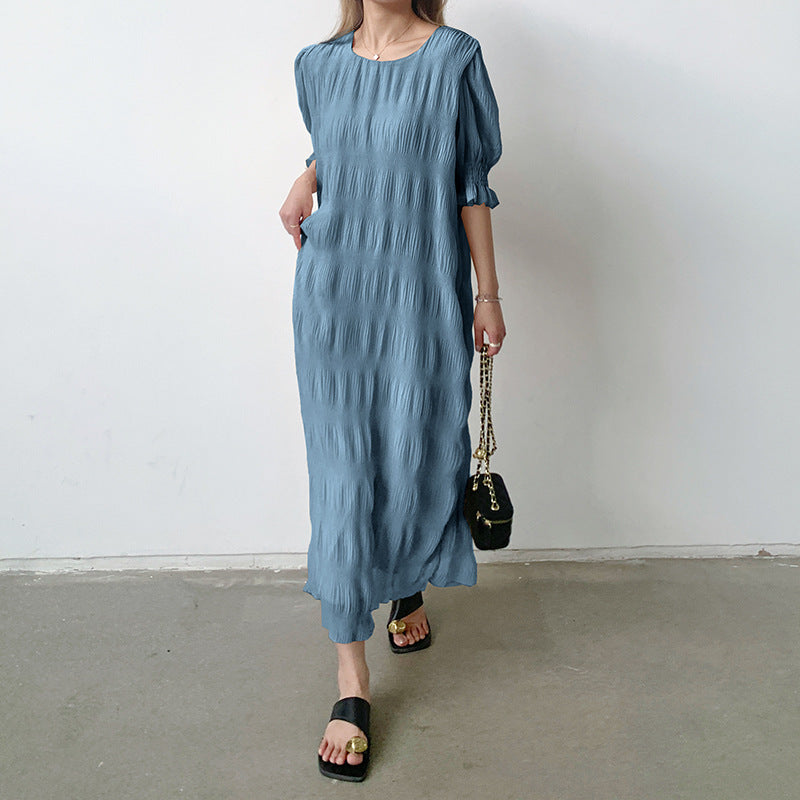 ワンピース シフォン レディース 半袖 バルーンスリーブ プリーツ シワ加工