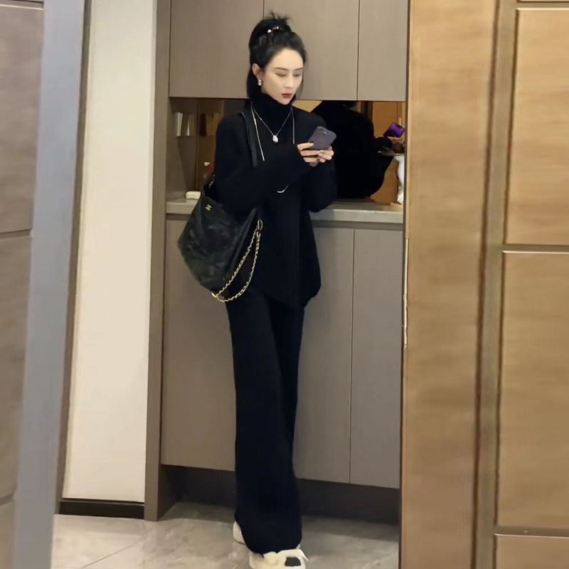 ニット2点セット パンツスーツ レディース  ハイネック ロング ストレッチあり ロング 厚い