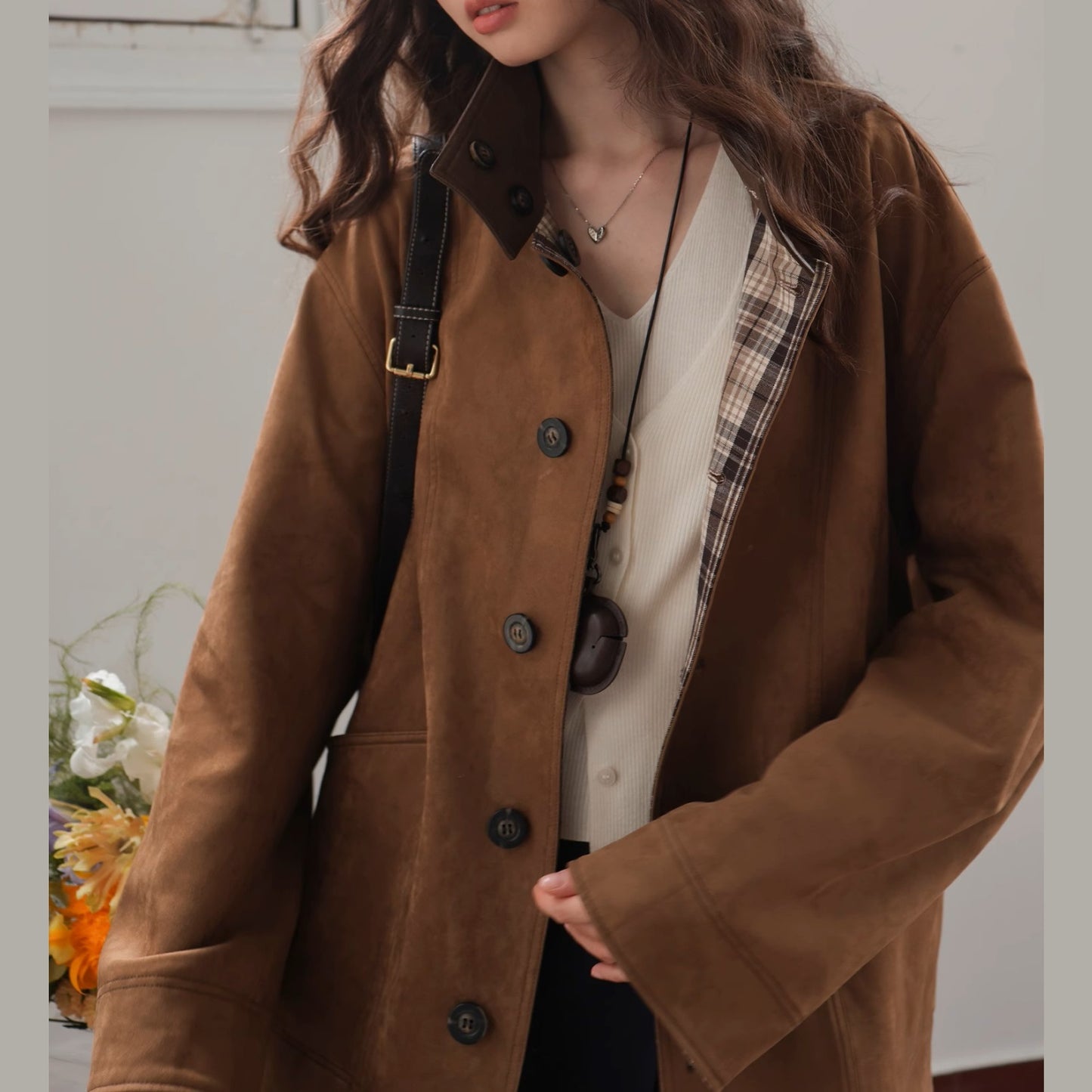 ジャケット 両面着 高級感 コート チェック柄 リバーシブル 立ち襟 皮革風 スエード