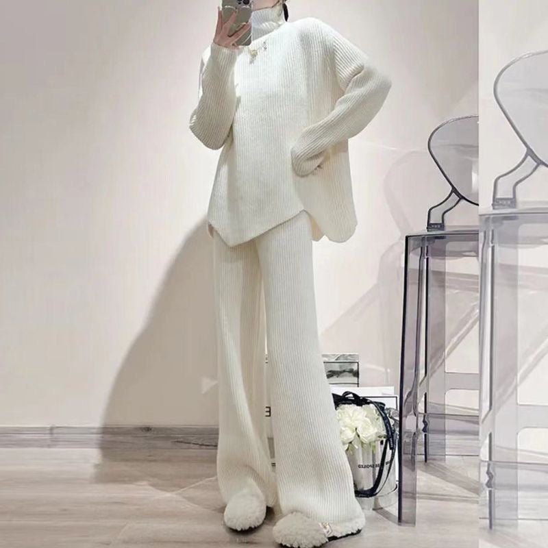 ニット2点セット パンツスーツ レディース  ハイネック ロング ストレッチあり ロング 厚い