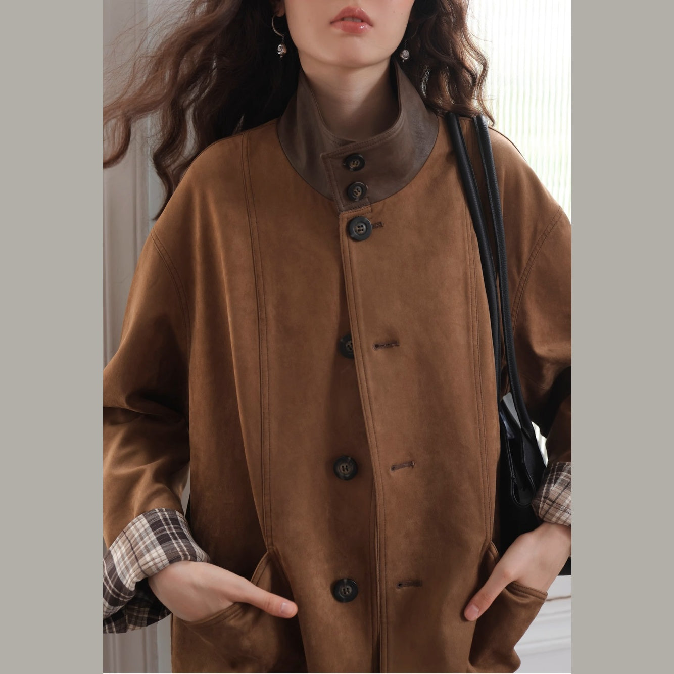 ジャケット 両面着 高級感 コート チェック柄 リバーシブル 立ち襟 皮革風 スエード