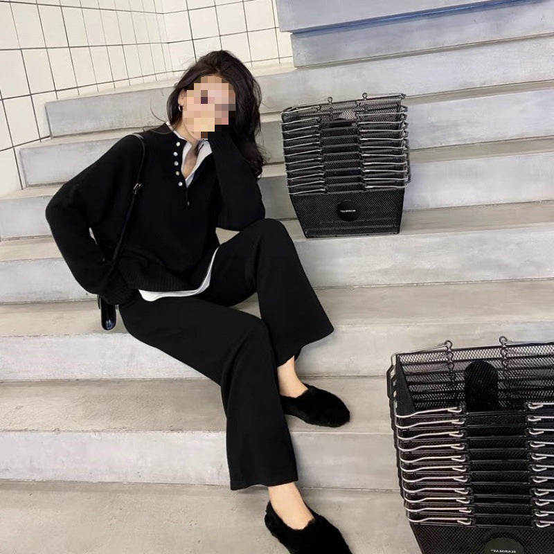 ニット2点セット パンツスーツ レディース ボトムス ロング ストレッチあり ロング 厚い