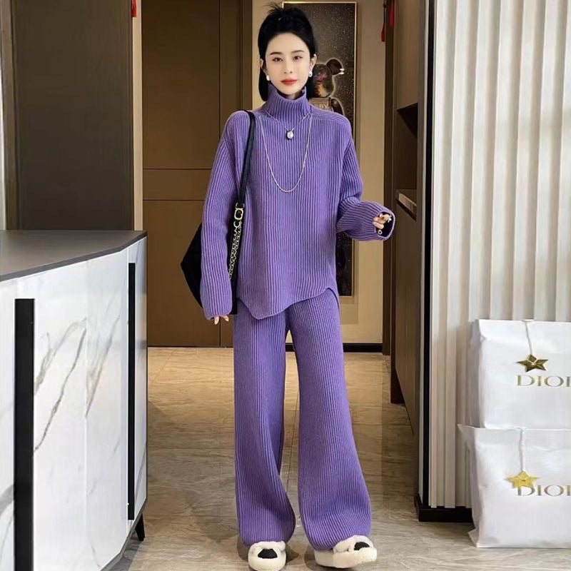 ニット2点セット パンツスーツ レディース  ハイネック ロング ストレッチあり ロング 厚い