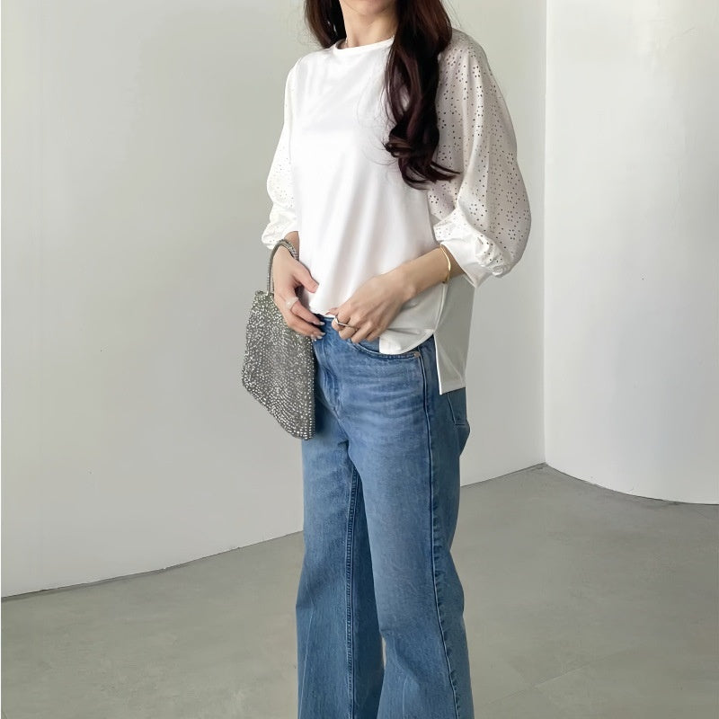 ブラウス トップス Tシャツ レディース 五分袖 レース 切り替え デザイン感 クルーネック