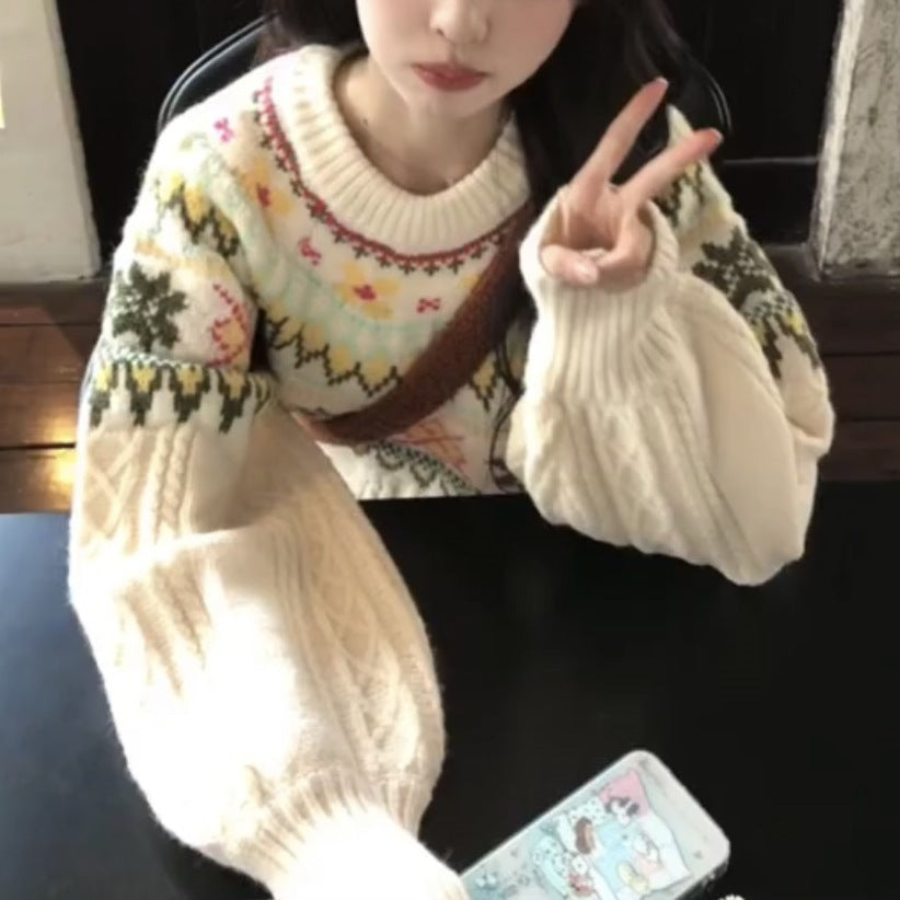 フェアアイル柄ニット ニット リブ タートル レトロ 甘めスタイル 冬新作 女性用 ゆったり シルエット