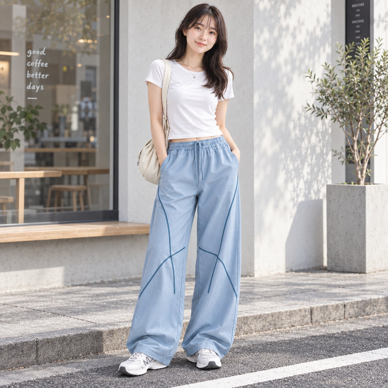 ワイドパンツ レディース カーブシルエット 配色ステッチ ハイウエスト 総ゴム
