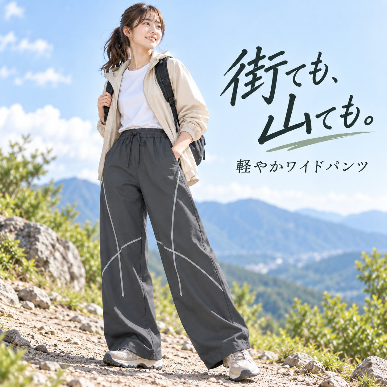 ワイドパンツ レディース カーブシルエット 配色ステッチ ハイウエスト 総ゴム