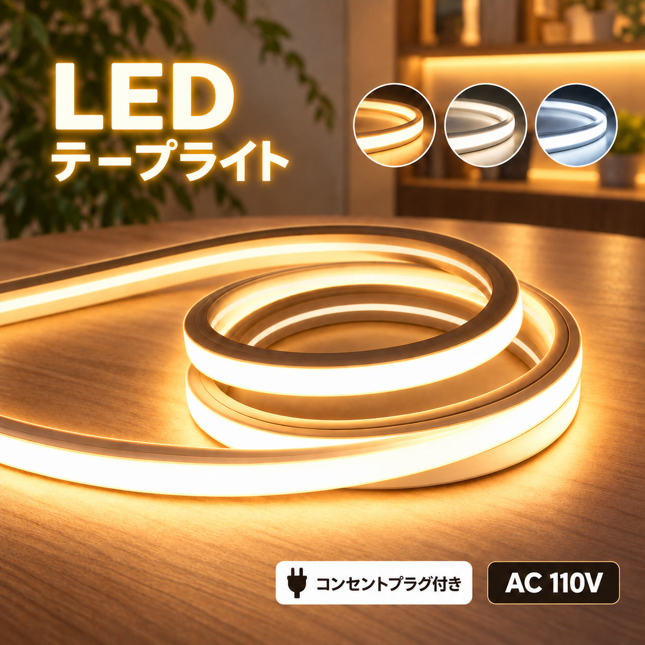 LEDテープライト LEDネオンライト LEDテープ COB 110v コンセント式 高輝度 均一発光 粒感なし