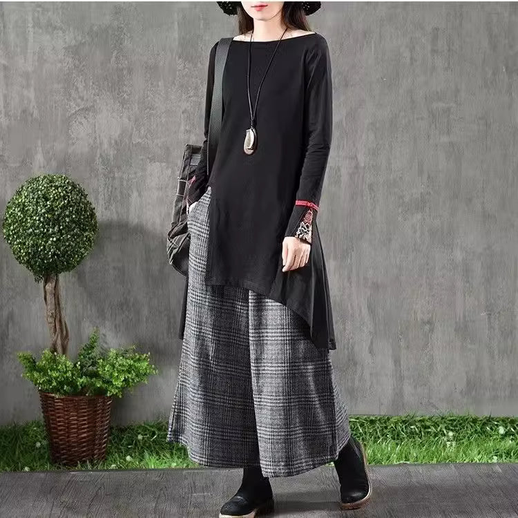 チェッカーフラッグ チェック ワイドパンツ 八分丈 レディース ダンス ストレートパンツ