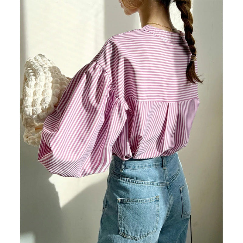 ストライプ長袖シャツ レディース シャツ 7分袖 秋服 タンガリーシャツ フレア 大人可愛い