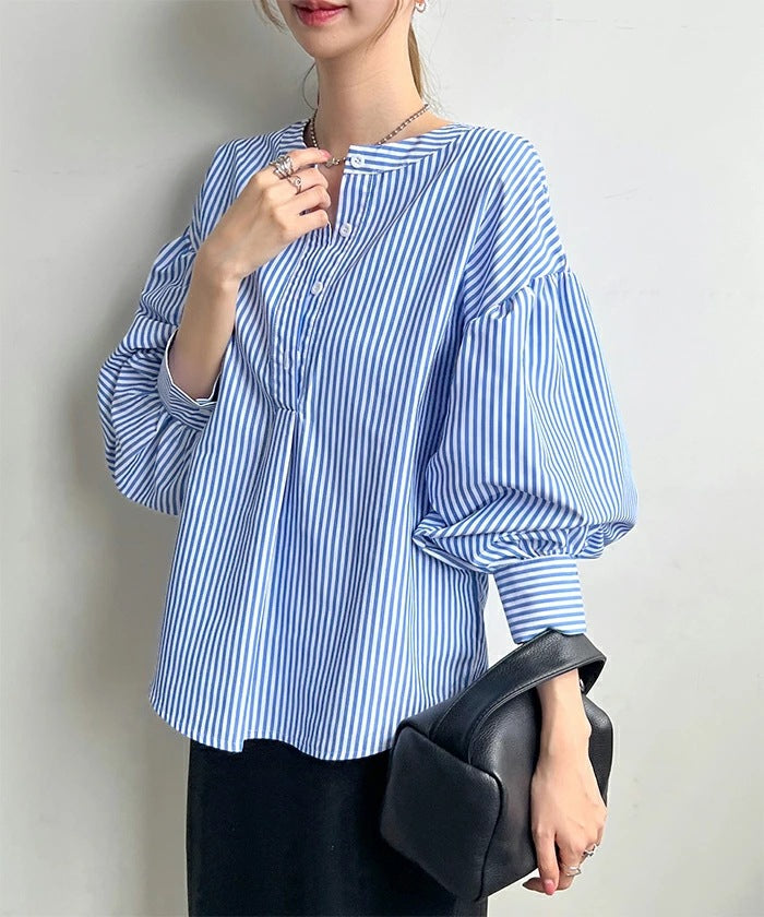 ストライプ長袖シャツ レディース シャツ 7分袖 秋服 タンガリーシャツ フレア 大人可愛い