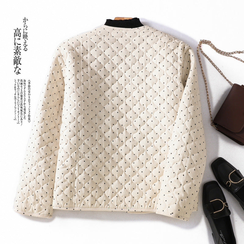 ドット柄ジャケット 長袖 レディース ラウンドネック カジュアル 普段着 レトロ 女性