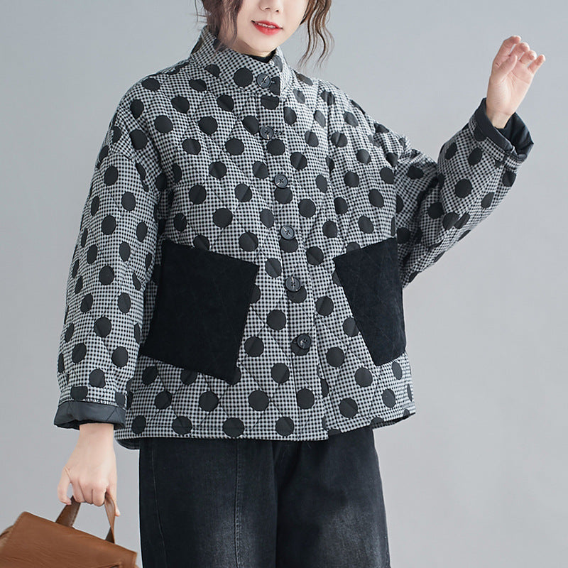 ドット柄ジャケット 長袖 レディース ラウンドネック カジュアル 普段着 レトロ 女性 ボタン