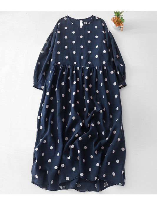 ドット柄ロングワンピース レディース 長袖  夏 マキシワンピース カジュアル