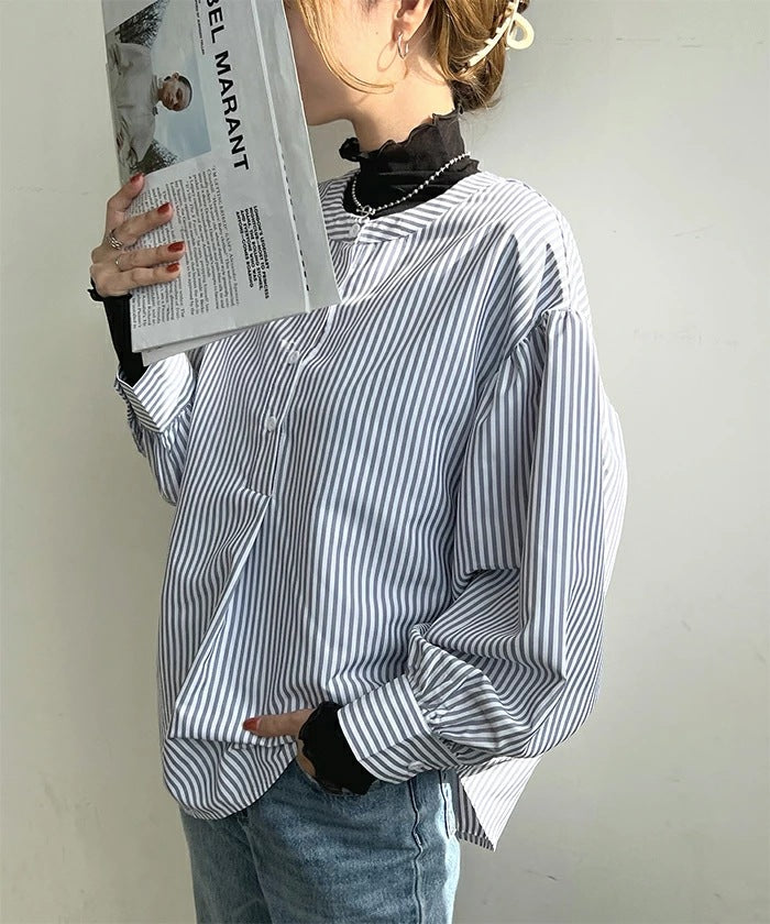 ストライプ長袖シャツ レディース シャツ 7分袖 秋服 タンガリーシャツ フレア 大人可愛い