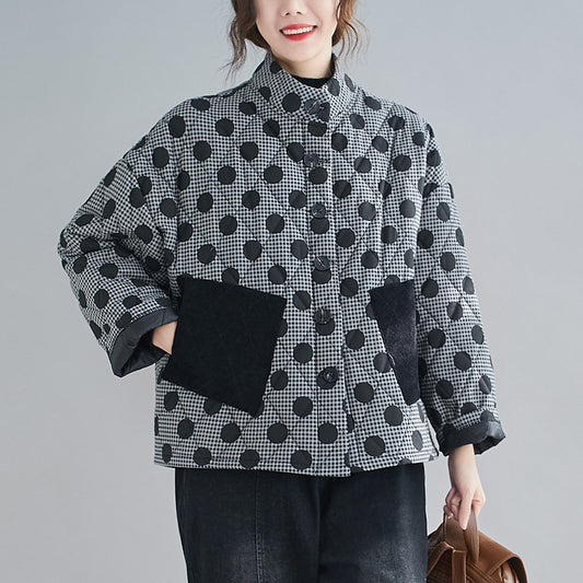 ドット柄ジャケット 長袖 レディース ラウンドネック カジュアル 普段着 レトロ 女性 ボタン