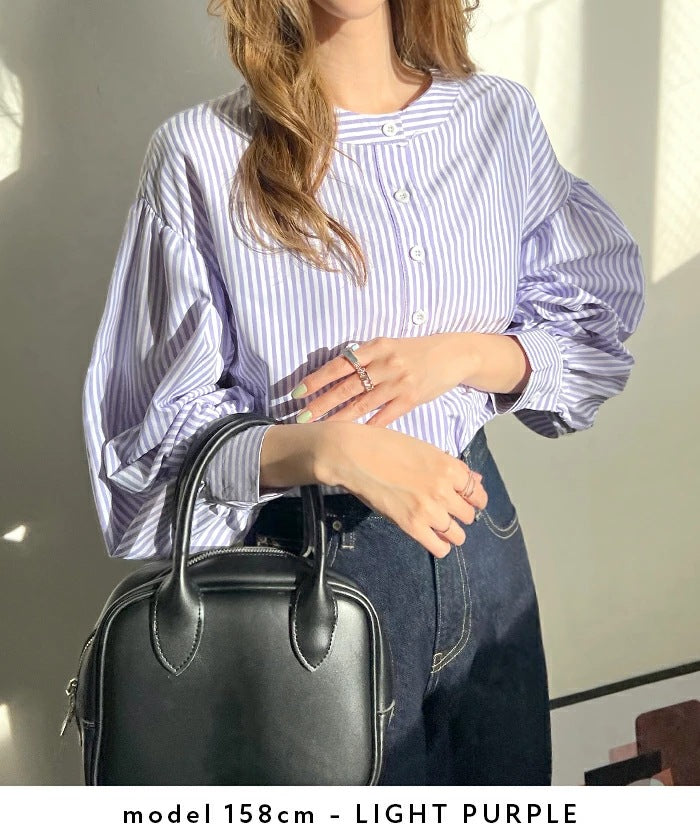 ストライプ長袖シャツ レディース シャツ 7分袖 秋服 タンガリーシャツ フレア 大人可愛い