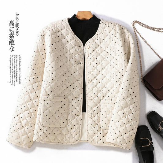 ドット柄ジャケット 長袖 レディース ラウンドネック カジュアル 普段着 レトロ 女性