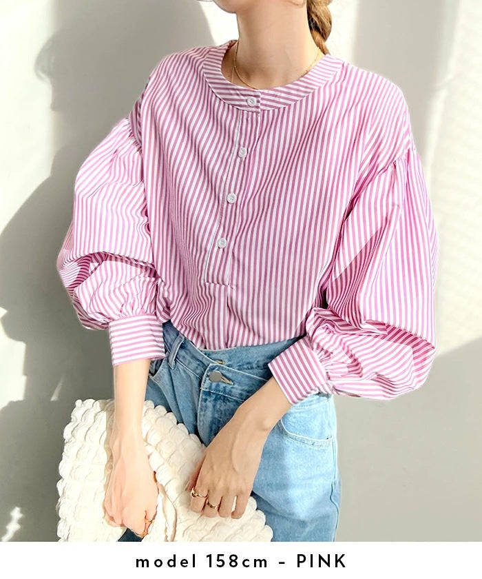 ストライプ長袖シャツ レディース シャツ 7分袖 秋服 タンガリーシャツ フレア 大人可愛い