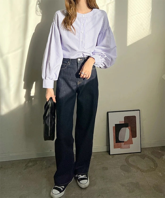 ストライプ長袖シャツ レディース シャツ 7分袖 秋服 タンガリーシャツ フレア 大人可愛い